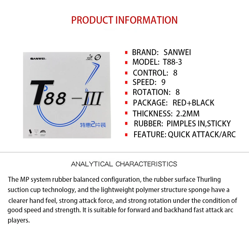 Sanwei T88-3ลายกีฬาปิงปองยาง p - Table Tennis Backhand บทวิจารณ์และราคา
